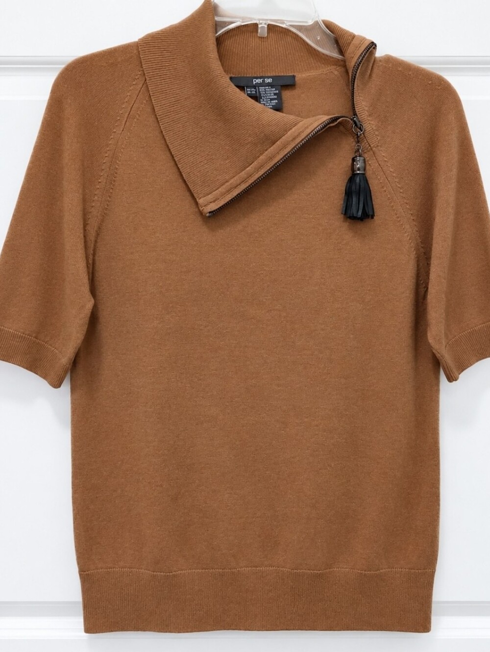 Luxury Silk & Cashmere Blend Sweater – Camel Brown, Zip Collar Per Se